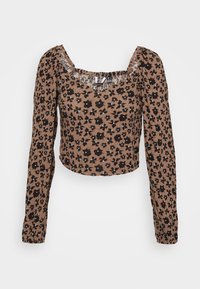 Brązowy kwiatowy crop top z długim rękawem, zdobiony czarnymi i niebieskimi wzorami kwiatów, z kwadratowym dekoltem i marszczonymi rękawami. Miękka tekstura materiału.