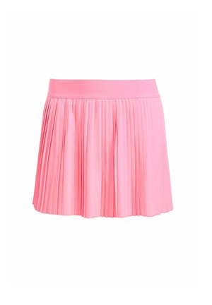 Roze geplooide minirok met een zachte elastische tailleband. Kenmerkt zich door verticale plooien en een uitlopende stijl, gemaakt van lichte stof.