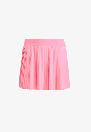 Falda mini plisada rosa con una cinturilla elástica suave. Presenta pliegues verticales y un diseño acampanado, hecha de una tela ligera.
