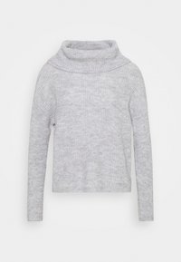 Světle šedý pletený svetr s rolákem, dlouhými rukávy a texturovaným vzorem. Tkanina vypadá měkce a teple.