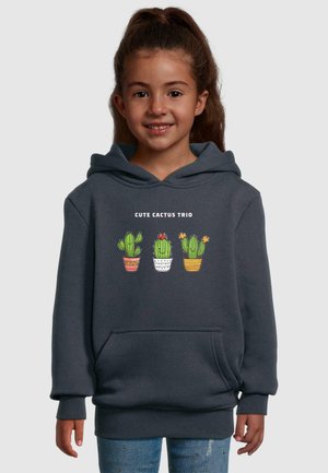 Gray hoodie featuring a graphic of three cacti in pots. It has a front pocket, ribbed cuffs, and a soft texture.