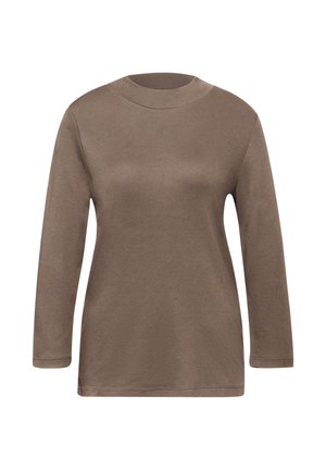 Maglia marrone a maniche lunghe con scollatura crew alta, realizzata in un tessuto liscio ed elasticizzato. Presenta un design semplice e dettagli di cucitura discreti.