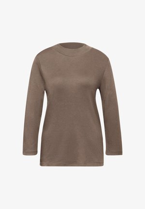 Haut marron à manches longues avec un col rond haut, fabriqué à partir d'un tissu lisse et extensible. Présente un design simple et des détails de coutures subtils.