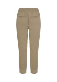 Light brown jogger pants made of soft material, featuring an elastic waistband, slim fit, and two back pockets. Simple and functional design.