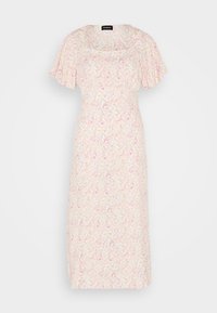 Vestido midi rosa claro con mangas cortas con volantes y pequeño estampado floral disperso en tonos pastel. Escote cuadrado y cintura ajustada.