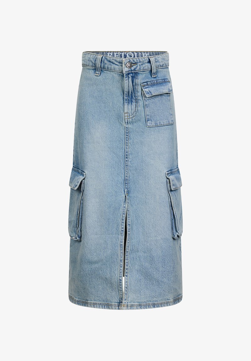 Gonna midi in denim azzurro chiaro, con spacco frontale, tasche cargo laterali e vita con chiusura a bottone. Dettagli di cuciture classiche.