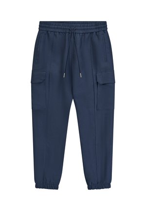 Pantaloni cargo jogger blu navy con vita elastica, coulisse, tasche laterali con patta e polsini elastici.