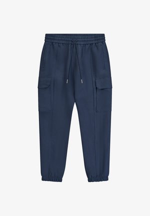 Marineblauwe cargo joggerbroek met elastische tailleband, trekkoord, zijflapzakken en elastische boorden.