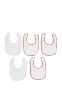 Vijf baby slabbetjes met witte centra en pastelgekleurde randen, gerangschikt in twee rijen op een witte achtergrond.