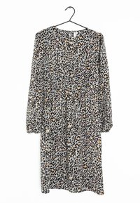 Långärmad klänning i ett lätt tyg med grå bakgrund och svart- och brunt leopardmönster samt elastisk midja.