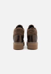 Pari di stivali alla caviglia in suede e pelle marroni con suole a piattaforma a coste, visti da dietro su uno sfondo bianco.