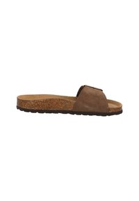 Sandale à glissière en suede marron avec une large bride, semelle en liège et semelle en caoutchouc texturé. Présente un accent métallique sur la bride.