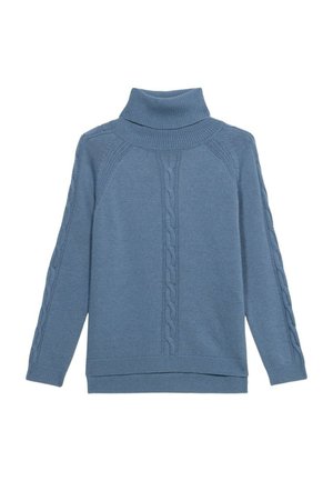 Blauwe gebreide trui met een hoge col, met kabelbreipatronen langs de mouwen en voorzijde, ribgebreide accenten bij de hals en zoom.