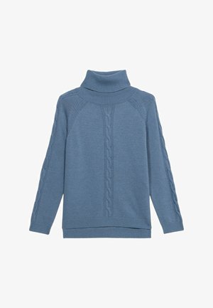 Suéter de punto azul con un alto cuello de tortuga, que presenta patrones de punto trenzado a lo largo de las mangas y el frente, y detalles acanalados en el cuello y el dobladillo.