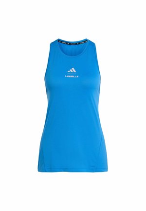 Blue athletic tank top made of smooth fabric. Features a round neck, sleeveless design, and white branding on the front.