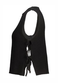 Black knitted vest with a U-shaped neckline, open back, and adjustable tie closure at the front. Its texture is ribbed, with raw edges.