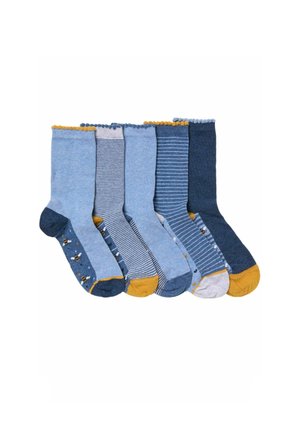 Sechs Paar Socken in Blautönen mit unterschiedlichen Mustern: uni, gestreift und mit Bienenmotiven. Jedes Paar hat kontrastierende Farben an Zehen- und Fersenbereich.