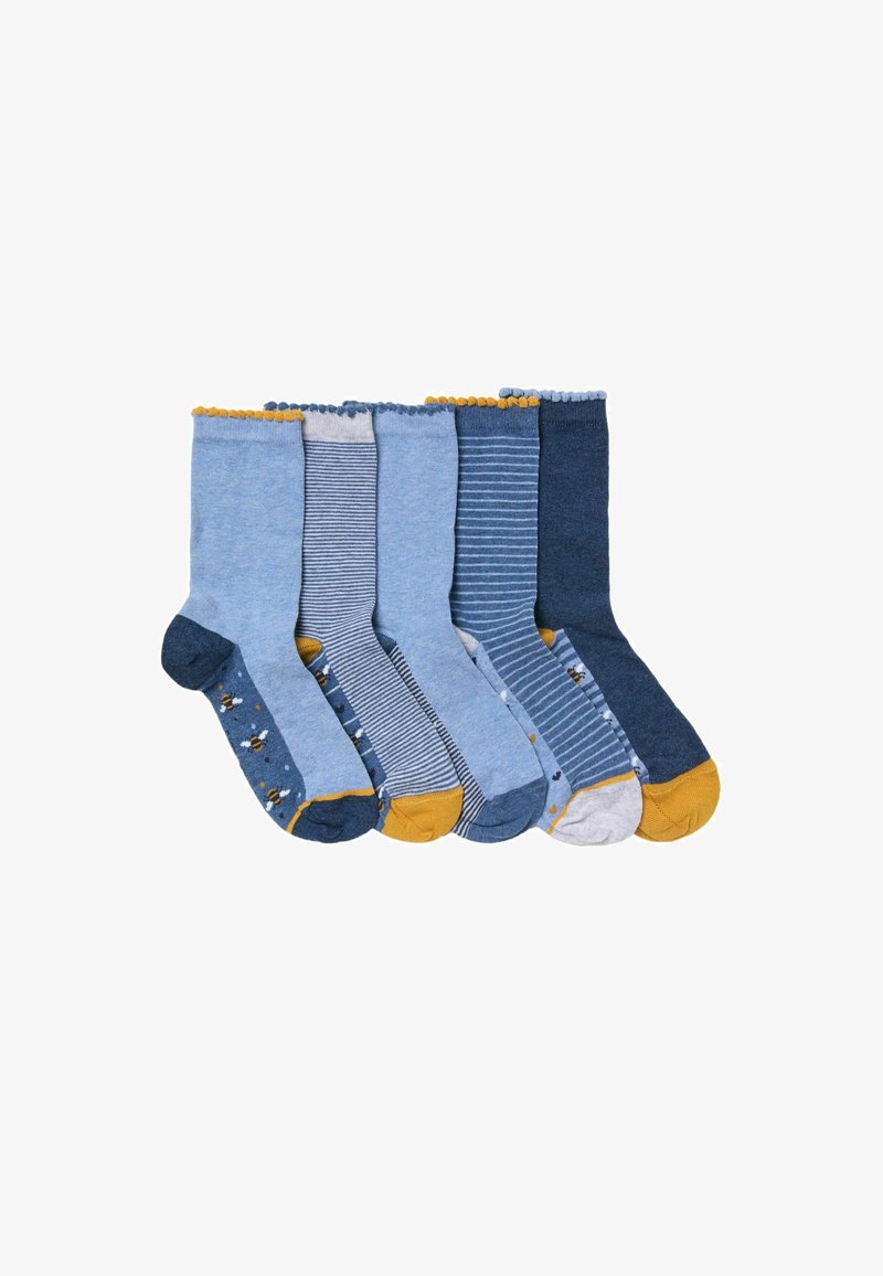 Sześć par skarpetek w odcieniach niebieskiego, z różnymi wzorami: gładkie, w paski oraz z motywami pszczół. Każda para ma kontrastowe kolory na palcach i piętach.