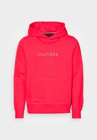 Bright red hooded sweatshirt with front pocket and "HILFIGER" outlined logo across the chest.
