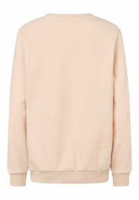 Beige hosszú ujjú pulóver ribbed mandzsettával és szegéllyel, hátulról látható, egyszerű kerek nyakkivágással és sima anyaggal.