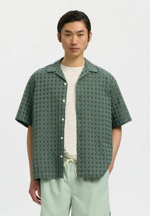 Muškarac u zelenoj teksturiranoj košulji kratkih rukava s gumbima preko bijele majice i svijetlozelenim hlačama s vezicama, stoji ispred jednobojne pozadine.