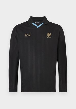 Black long-sleeve polo shirt with a collar. Features a light blue accent at the neckline and gold branding and logo on the chest.