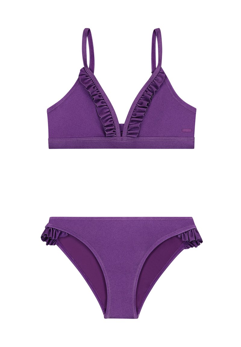 Lila Bikini-Set mit einem Bralette-Oberteil mit Rüschen und verstellbaren Trägern, ergänzt durch passende Bikinislips mit Rüschen an den Seiten.