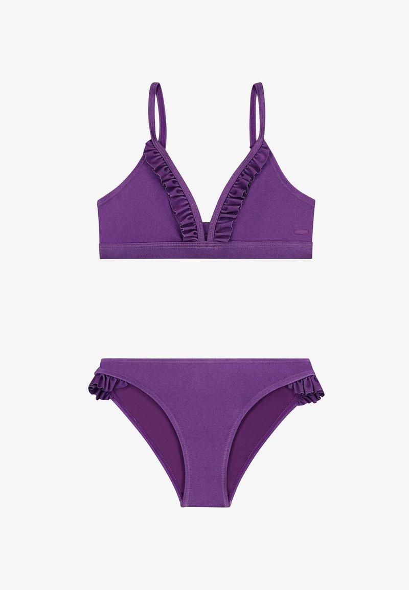 Paars bikini set met een bralette top met gerimpelde randen en verstelbare bandjes, aangevuld met bijpassende bikini bodems met gerimpelde zijkanten.