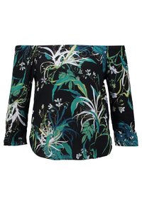 Svart off-shoulder blus med gröna och vita tropiska blad- och blommönster, med trekvartsärmar och en lös passform.