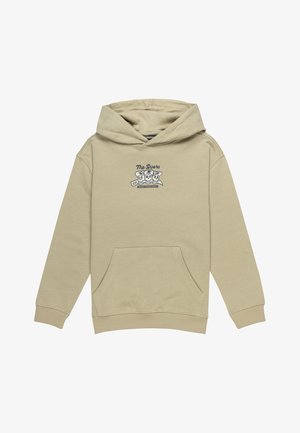Beige hoodie met een voorzak, verstelbare trekkoordcapuchon en een grafische bedrukking met het logo van "The Doors". Zachte katoenmateriaal.
