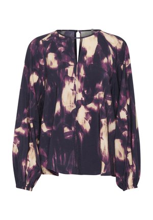Langärmlige Bluse mit einem dunkelpurpurnen und cremfarbenen Blumenmuster, tiefem Ausschnitt, gerafften Ärmeln und rückseitigem Verschluss. Glatte Stoffoberfläche.