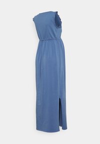 Vestido azul sem mangas com decote em forma de cavalo, cintura franzida e fenda lateral. Tecido suave com uma textura lisa e bordas onduladas nos ombros.
