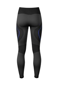 Schwarze Leggings mit glatter Textur, die blaue Akzentlinien und unterschiedliche Stoffmuster für besseren Sitz und Flexibilität aufweisen.