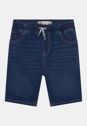 Smalle denimshorts i mørkeblå, med elastisk taljebånd, forlommer og synlige sømdetaljer. Glat tekstur og afslappet design.