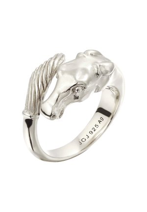 Silberner Ring in Form eines Pferdekopfs mit detaillierter Mähne, innen graviert mit "JGJ 925 Ag", was auf Sterlingsilber hinweist.