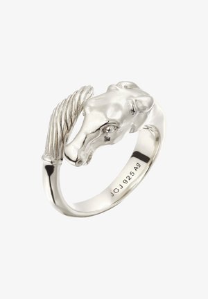 Silberner Ring in Form eines Pferdekopfs mit detaillierter Mähne, innen graviert mit "JGJ 925 Ag", was auf Sterlingsilber hinweist.