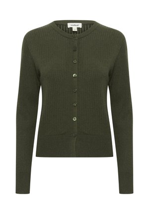 Olive green ribbed cardigan with long sleeves, button front, rounded neckline, and textured fabric. Features matching buttons for closure.