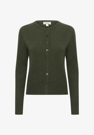 Olivengrøn ribbet cardigan med lange ærmer, knaplukning foran, rund halsudskæring og struktureret stof. Har matchende knapper til lukning.