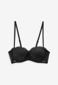 Reggiseno balconette in pizzo nero con spalline regolabili e coppe con ferretto, con sovrapposizione in pizzo floreale e pannelli laterali in mesh.