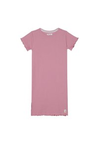 Różowa, prążkowana sukienka z krótkimi falbaniastymi rękawami, okrągłym dekoltem i surowym wykończeniem. Posiada małą metkę marki w dolnym lewym rogu.