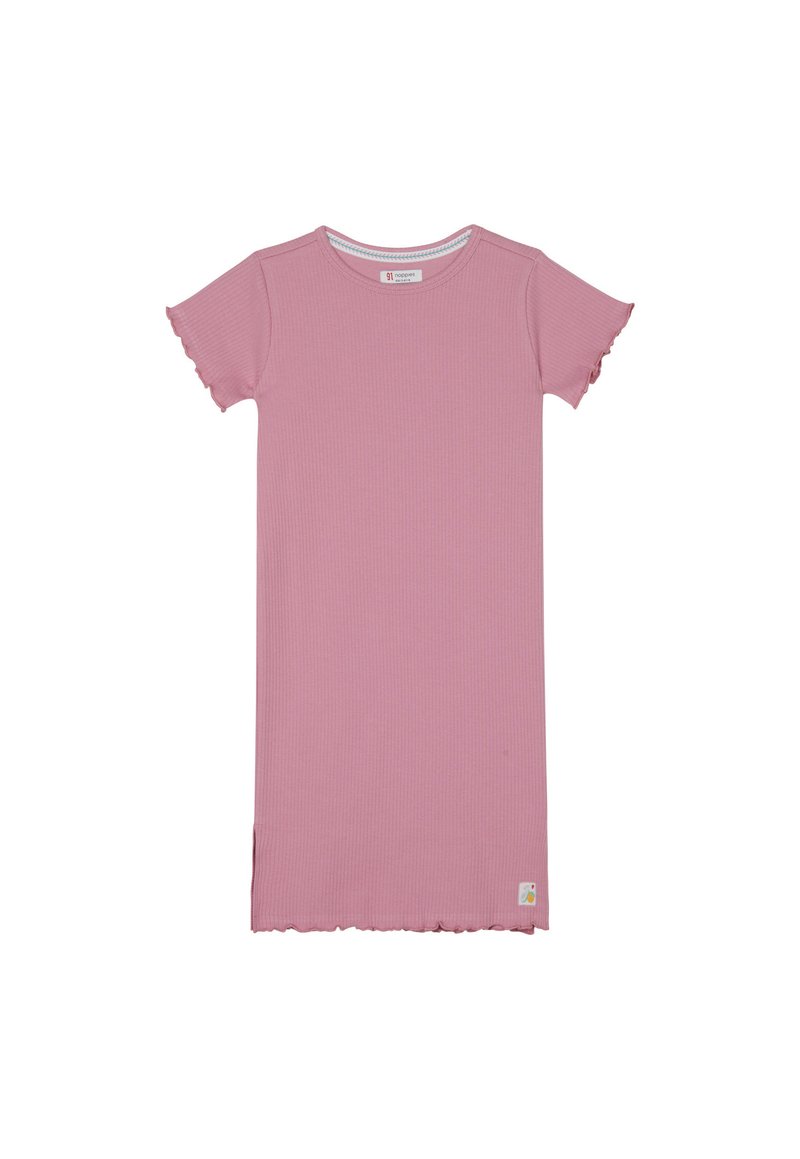 Różowa, prążkowana sukienka z krótkimi falbaniastymi rękawami, okrągłym dekoltem i surowym wykończeniem. Posiada małą metkę marki w dolnym lewym rogu.