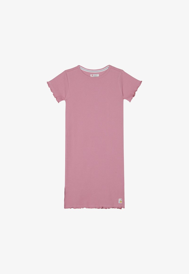 Różowa, prążkowana sukienka z krótkimi falbaniastymi rękawami, okrągłym dekoltem i surowym wykończeniem. Posiada małą metkę marki w dolnym lewym rogu.