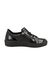 Black patent leather sneaker with a rounded toe, lace-up design, and side zipper. Textured rubber sole for grip, featuring vertical ribbing.