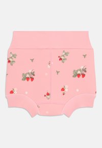 Rosa bomull boyshorts med blomsterdesign med jordbær og små blomster. Glatt tekstur og bred elastisk midjebånd.