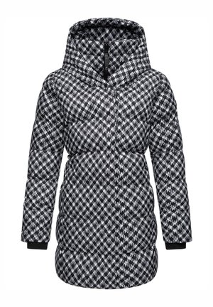 Manteau rembourré avec capuche, présentant un motif pied-de-poule en noir et blanc. Fermeture zippée, poignets élastiques et texture lisse.
