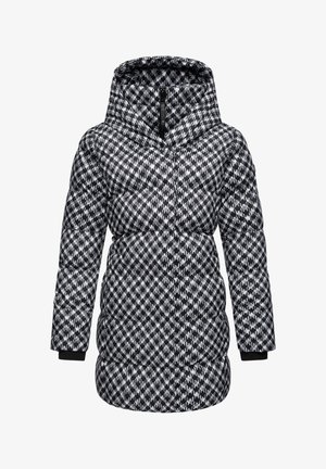 Polstret frakke med hætte, prydet med et sort-hvidt houndstooth-mønster. Lynlås lukning, elastiske manchetter og en glat tekstur.