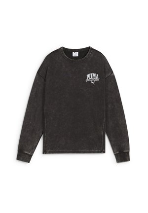 Zwart fleece sweatshirt met ronde hals, lange mouwen, een iets oversized pasvorm en het PUMA-logo in het wit op de linkerkant van de borst.
