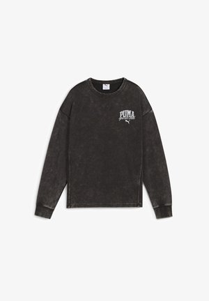 Zwart fleece sweatshirt met ronde hals, lange mouwen, een iets oversized pasvorm en het PUMA-logo in het wit op de linkerkant van de borst.