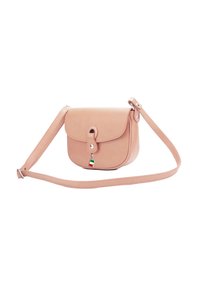 Roze leren schoudertas met een afgeronde vorm, klepsluiting en zilveren hardware. Voorzien van een klein Italiaans vlaggencharme.