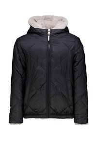 Chaqueta negra acolchada con capucha forrada de pelo sintético, cierre con cremallera, bolsillos laterales y patrón texturizado en la tela.